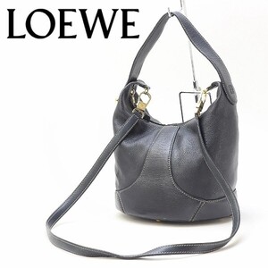 ヴィンテージ◆LOEWE ロエベ レザー ゴールド金具 アナグラム型押し 2Way 斜め掛け ショルダー ワンハンドル ハンド バッグ 紺 ネイビー