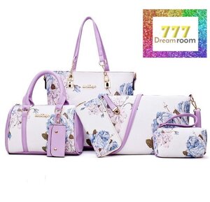 specialギフト 6点SET☆ PUレザー フラワー プリントバッグ 【花×ラベンダー】 BAG ハンドバッグ レディース