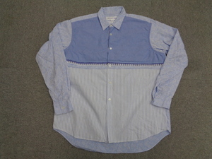 レア COMME des GARCONS SHIRT 前身頃のフロント部分の半分が生地を重ね縫いしたデザインのストライプシャツ SIZE : M 袖は花柄の織