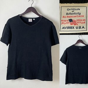 並品【名作 国内正規品】AVIREX アビレックス コットンポリ 無地 ストレッチ リブ サーマル Vネック Tシャツ 半袖 L ブラック