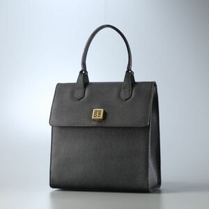 MG7249▽イタリア製 ジバンシィ/GIVENCHY 4Gロゴ レザー ハンドバッグ フラップ ワンハンドル ゴールド金具 手提げ 鞄 ブラック系