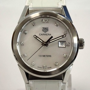 Th595921 タグホイヤー カレラ WBG1312 ホワイトシェル文字盤 ダイヤインデックス クォーツ SS 腕時計 TAG HEUER 超美品・中古