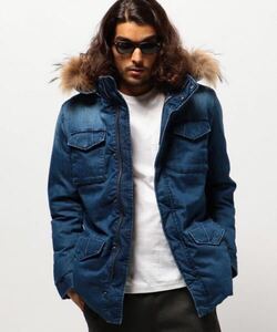 00s Rare RATTLE TRAP Archive M-65 RACCOON FUR DOWN JAKCET サイズL INDIGO BLUE Y2K バンダナ柄 ファー付デニムダウンブルゾン Vintage