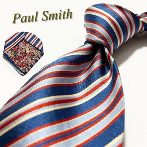 【美品】Paul Smith ポールスミス ネクタイ ストライプ柄 裏地花柄 英国製 メンズ スーツ レジメンタル ボタニカル ハイブランド 高級