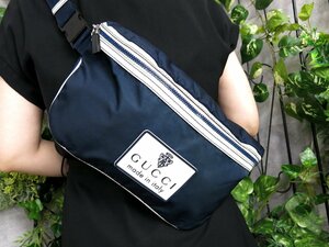 超美品●GUCCI グッチ●ラバーロゴ●ナイロン カーフ レザー 本革●ウエスト ボディ バッグ●ネイビー ホワイト●B5 収納 かばん●Js47455