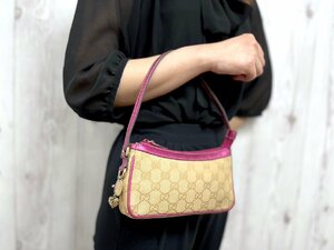 極美品 GUCCI グッチ GGキャンバス ハンドバッグ バッグ キャンバス×レザー ベージュ×メタリックピンク 72212