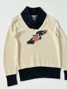 90s POLO Ralph Lauren ウイングフット コットン リネン ショールカラー セーター ポロ ラルフローレン ニット WING FOOT 星条旗 ワッペン