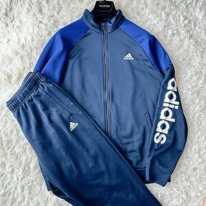 美品 2XL相当 adidas セットアップ トラックジャケット アディダス ジャージ 上下 XO 大きいサイズ ストレッチ 伸縮性 ネイビー ブルー