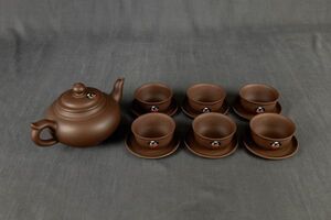 T01-2228 茶器セット 中国工芸品 急須 茶碗 茶托 六客 中国宣興 紫砂 朱泥 箱付き 在銘 中国製 食器 陶磁器 コレクション お茶