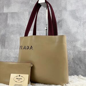 美品 PRADA プラダ トートバッグ ハンド ビジネスバッグ ショルダー 肩掛け 通勤 書類 多収納 メンズ オールレザー ロゴ型押し ポーチ付き 