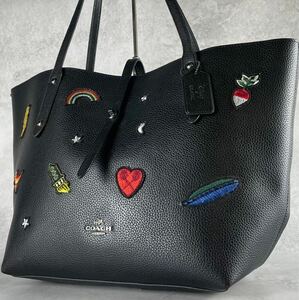 極美品 希少 大容量 COACH コーチ メンズ ビジネスバッグ シティ トートバッグ A4可 チャーム ワッペン 肩掛け レザー ブラック ショルダー