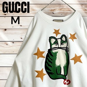 【超激レアデザイン】GUCCI グッチ スター キャット 刺繍 ビッグロゴ M オーバーサイズ 星 猫 スウェット トレーナー ホワイト 白 CAT