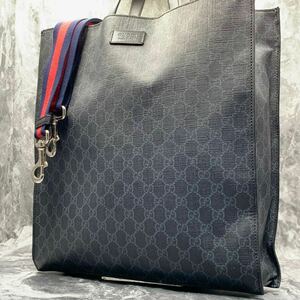 1円【現行モデル】GUCCI グッチ GGスプリーム シェリーライン ネイビー メンズ 2way ビジネス トートバッグ ショルダー A4収納 大容量