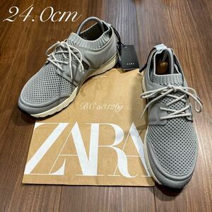 新品 ZARA メッシュスニーカー 24.0cm 37 GRAY レディース ザラ スニーカー シューズ ソックライナータイプ 軽量 ラメ加工 タグ付き