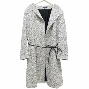 美品 Theory セオリー BAMBOO TWEED CREWNECK COAT B ノーカラー ベルテッド ツイードコート XL ホワイト×ブラック ◆