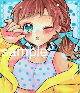 手描きイラスト 色紙　オリジナル　女の子　コピック　同人　イラスト　手描き　リボン　三つ編み