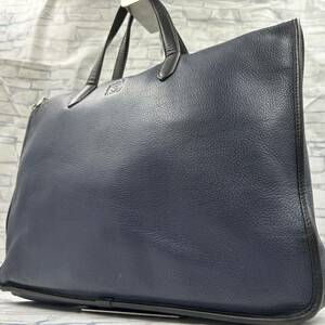 【美品】LOEWE ロエベ メンズ ビジネスバッグ ブリーフケース 仕事鞄 アナグラム ロゴ型押し レザー 本革 シボ革 A4◎ ネイビー バイカラー