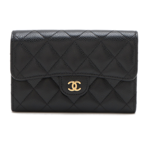 極美品 シャネル CHANEL マトラッセ キャビアスキン ココマーク ミディアム　ウォレット　黒 AP0232【中古】7309