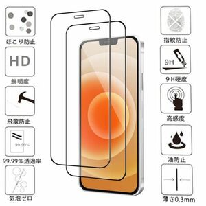 黒 2枚入り iPhone 12mini ガラス フィルム アイフォン 衝撃吸収 画面 保護 液晶 カバー シート シール スクリーン Glass Film 9H アップル