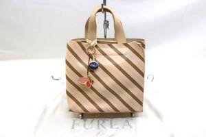 ★【S送900円】1994　FURLA　フルラ　イタリア製　ハンドバッグ　スクエア　マルチ　ストライプ　メタルチャーム/バタフライチャーム付き