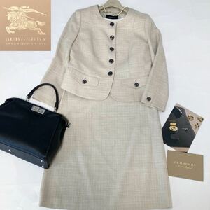 ★大きいサイズ★美品★バーバリー BURBERRY 44/13号/XL リネン調サマーツイードノーカラージャケット&スカートスーツ ビジネス フォーマル