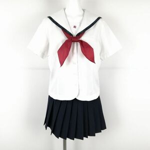 1円 セーラー服 マイクロミニスカート 上下3点セット 大きいサイズ 夏物 柄1本線 女子 学生服 笠岡商業高校 白 中古 ランクC NA8679