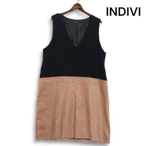 INDIVI インディヴィ 秋冬★ Vネック♪ ノースリーブ ツートーン 異素材切替 ワンピース Sz.48 レディース 大きいサイズ　K4T01699_A#E