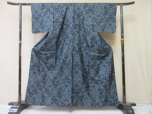 1円 良品 正絹 着物 本場藍泥大島紬 マルキ 和装 和服 花唐草 草花 高級 袷 身丈150cm 裄63cm【夢職】★★★