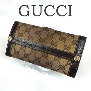 希少 GUCCI グッチ 二つ折り 長財布 GGキャンバス レザー 153211 2788 GG柄 ゴールド金具 Wホック レディース 中古 ボルト風金具