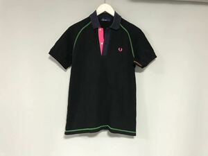 本物フレッドペリーFREDPERRYコットンロゴ刺繍半袖ポロシャツメンズサーフアメカジミリタリーゴルフスポーツ黒ブラックS日本製