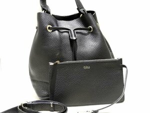 まだ美品 FURLA フルラ 2WAY 巾着 ショルダーバッグ ブラック レザー ポーチ付き ☆ レディース 黒 カーフ 肩掛け 斜め掛け ▼ 6G