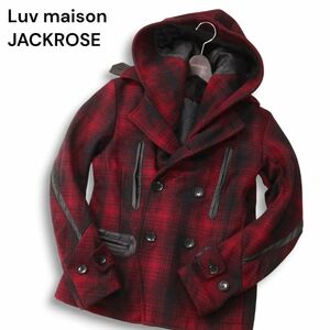 Luv maison JACKROSE ジャックローズ 秋冬 フード ライナー★ レザー切替 メルトン ウール チェック Pコート Sz.44 メンズ　I4T03479_A#O