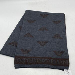 KO1650□EMPORIO ARMANI エンポリオ アルマーニ ストール マフラー ロゴ グレー×ブラウン 183×26 良好