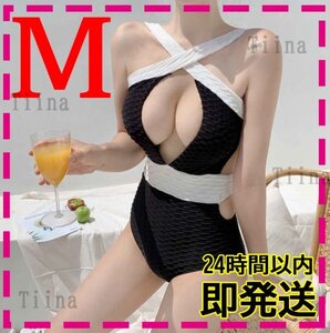 M 黒 セクシー バイピング ワッフル 韓国 ワンピース 水着 シフォン 大人 体型カバー パフスリーブ