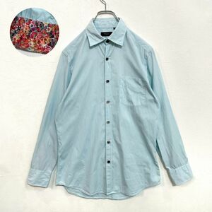 ポールスミス　カフス裏　花柄　ストライプ　ワイドカラー　長袖シャツ　水色　メンズ　Sサイズ　Paul Smith