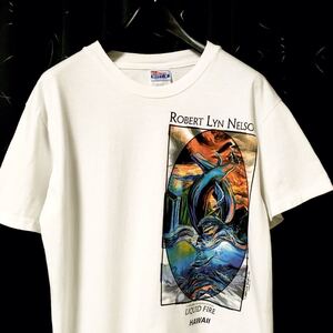 5千スタ【90s（1995年）USA製 ROBERT LYN NELSON イルカ クジラ アート Tシャツ】ビンテージ 古着 レア ネルソン Hanes 白 M ラッセン 絵画