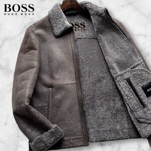 幻のスパニッシュメリノラム!!!ヒューゴボス リアルムートン ジャケット HUGO BOSS ラムレザー 最高級羊革 ロゴ ボア グレージュ系 50 XL位