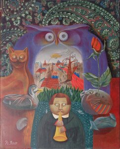 1982年『部屋の静物』テンペラ画(横37㎝×縦46㎝) N.ISAO 中村....とある詳細不明の幻想絵画 シュルレアリスム 鳥獣 曼荼羅 絵本 少年少女
