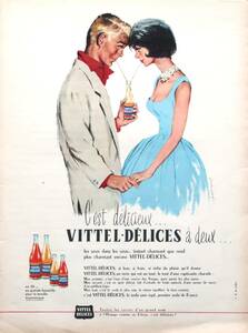 VITTEL ヴィッテル 広告 フランス 1960年代 欧米 雑誌広告 ビンテージ ポスター風 VITTEL-DELICES フレンチ イラスト Hugues Ghiglia