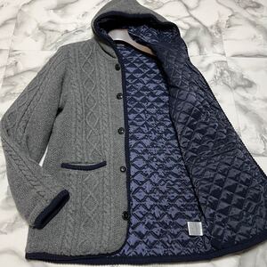 極美品●希少L!バーバリーブラックレーベル ケーブル ニットジャケット BURBERRY BLACKLABEL キルティング パイピング ロゴプレート グレー