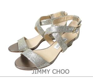 美品 JIMMY CHOO ジミーチュウ サイズ36 23㎝ グリッター アンクルストラップ オープントゥ ウェッジソール サンダル シルバー×ゴールド色