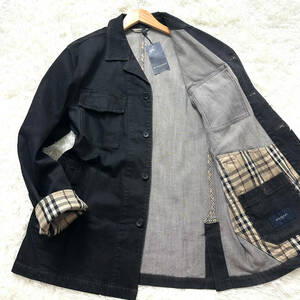 極美品XXL～XL.LL!BURBERRY LONDONデニムジャケットインディゴブルーブラック黒紺爽快コットン綿ノバチェック柄銀パッチバーバリーロンドン