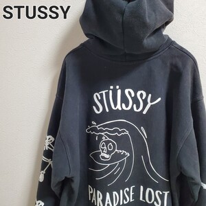 STUSSY　ステューシー　 パーカー ブラック　スカル　袖プリント　Mサイズ