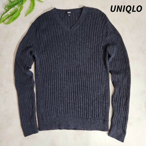 ユニクロ UNIQLO カシミヤ混 リブ編み Vネック コットンニット よく伸縮 ダークグレー M 83733