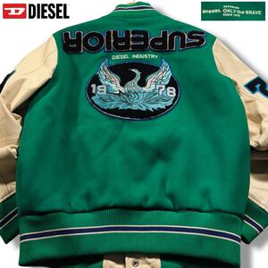 美品/Lサイズ相当●DIESEL ディーゼル ゴートレザー切替 スタジャン ジャケット ブルゾン ウール 山羊革 裏地セクシー柄 ロゴワッペン S