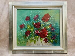 真作　小倉遊亀 作 薔薇 静物画 日本画 おぐらゆき 絵画 バラ 額縁