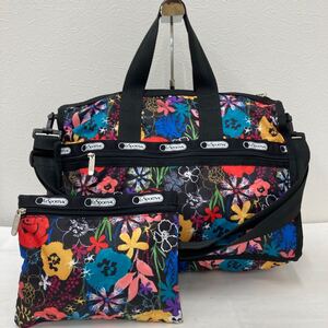 □43−1541 美品 LeSportsac レスポートサック レディース 2way ボストンバッグ ショルダーバッグ 黒 ブラック 花柄 ポーチ・鍵付き 旅行用