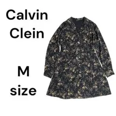 CK カルバンクライン　ワンピース　ひざ丈　長袖　花柄　総柄　黒　レディース　M