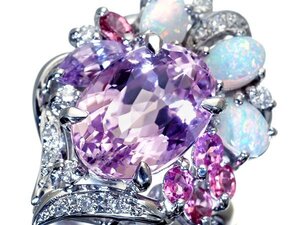 1円～【ジュエリー極】超豪華！大粒上質天然クンツァイト8.70ct＆天然マルチ宝石＆ダイヤ0.23ct 超高級Pt900リング k9391zk【送料無料】