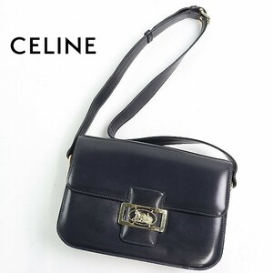 美品 ヴィンテージ●CELINE / セリーヌ 馬車 ゴールド金具 オールレザー ショルダー バッグ 紺 ネイビー